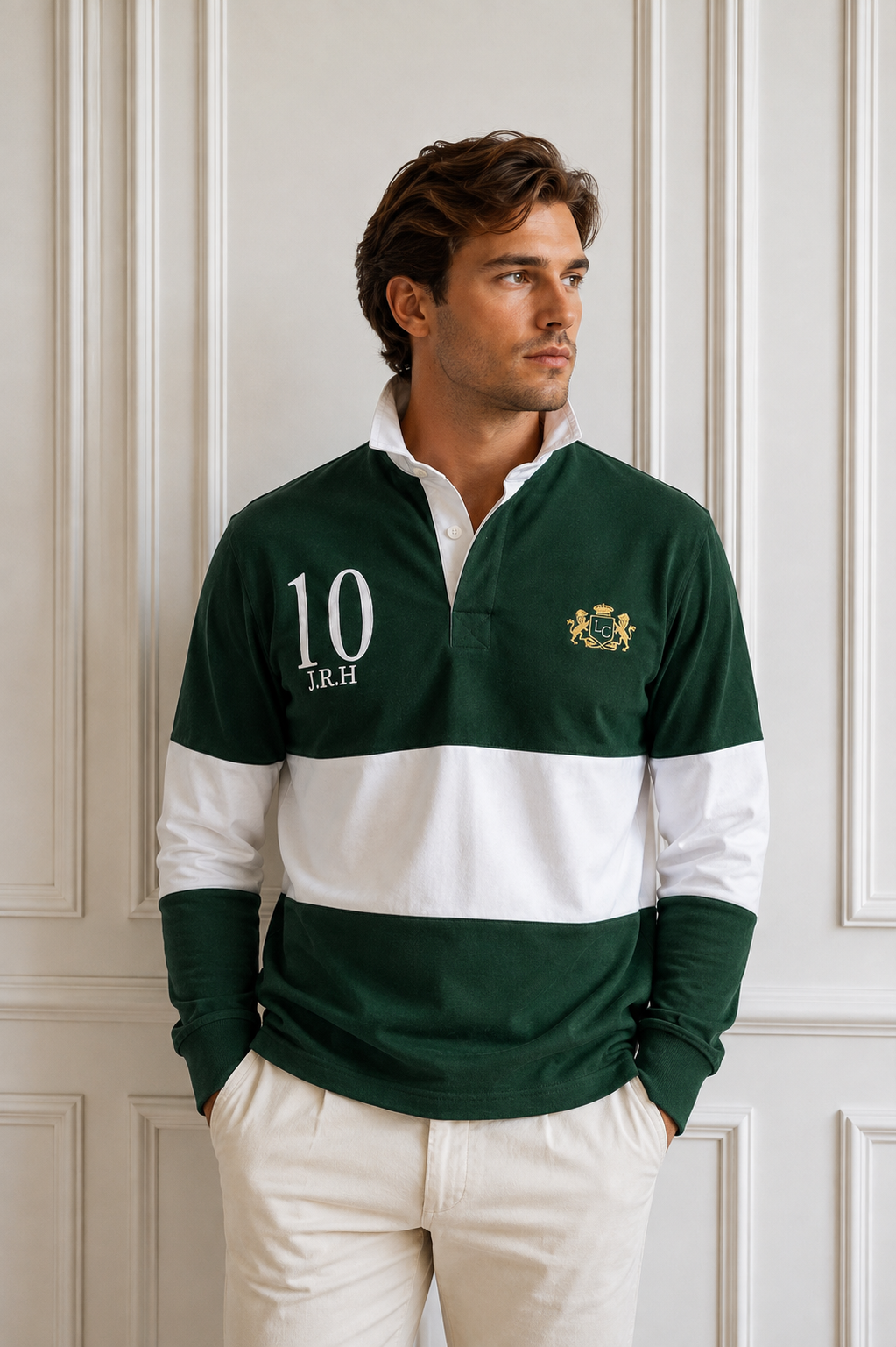 Men's Personalised Rugby Shirt - Green/White The Lords Club Footwear